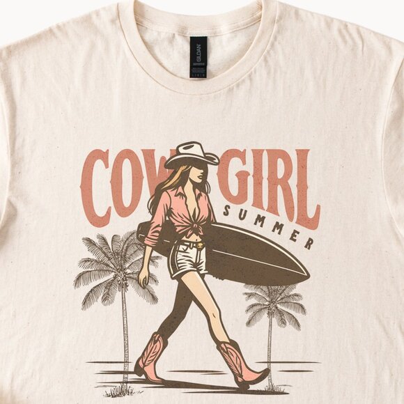 COWGIRL SUMMER Surfboard Palm Trees Graphic Tee T-Shirt - Picture 2 of 6